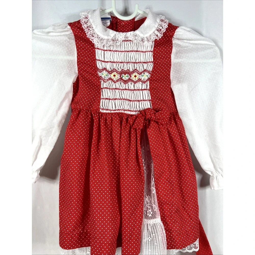 Vintage Polly Flinders Girls Red & White Polka-Dot Lace Smocked Dress Size 3T